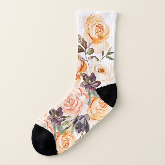 Peach Floral Rose White Socks (Right Inside)