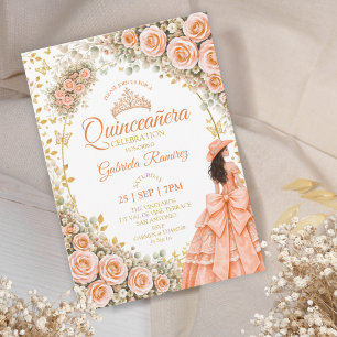 Peach Floral Roses Golden Butterfly Quinceañera Invitation
