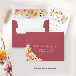 Peach Floral RSVP with Return Address, Burgundy En Envelope