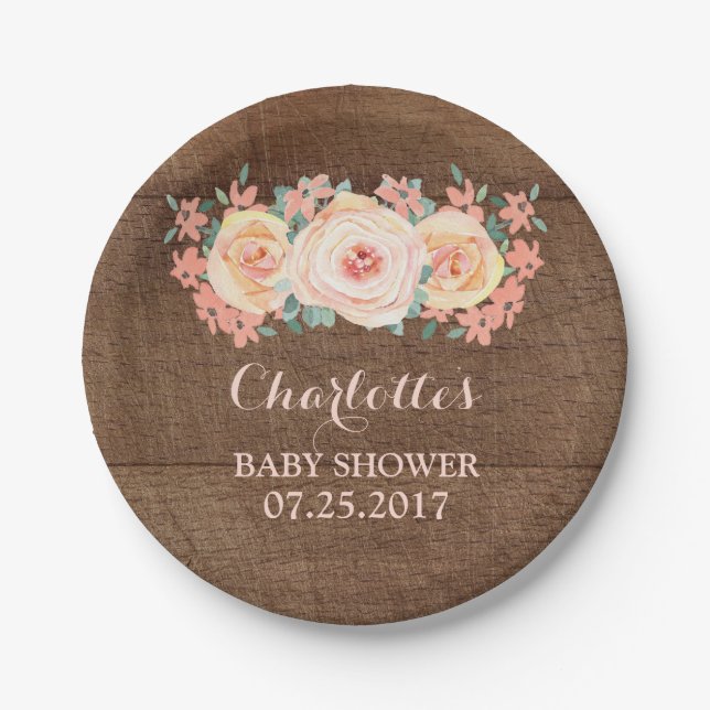 Peach Floral Rustic Wood Baby Shower Plate (Front)