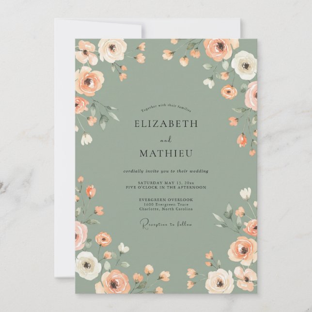Peach Floral Sage Wedding Invitation (Front)