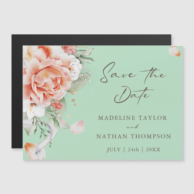 Peach Floral Save the Date Magnetic Invitation (Front/Back)