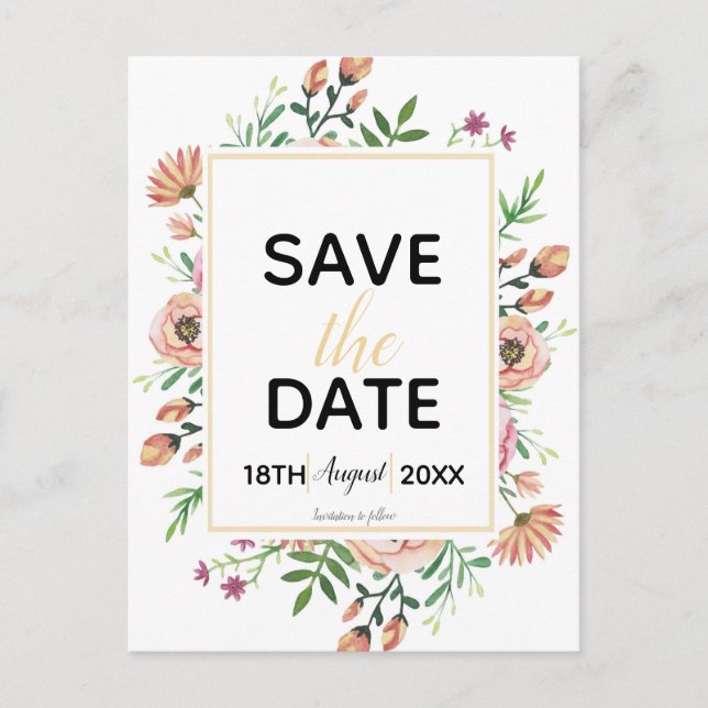 Peach Floral Save The Date Postcard (Front)