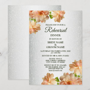 Peach Floral Silver Glitter Rehearsal Dinner Invitation