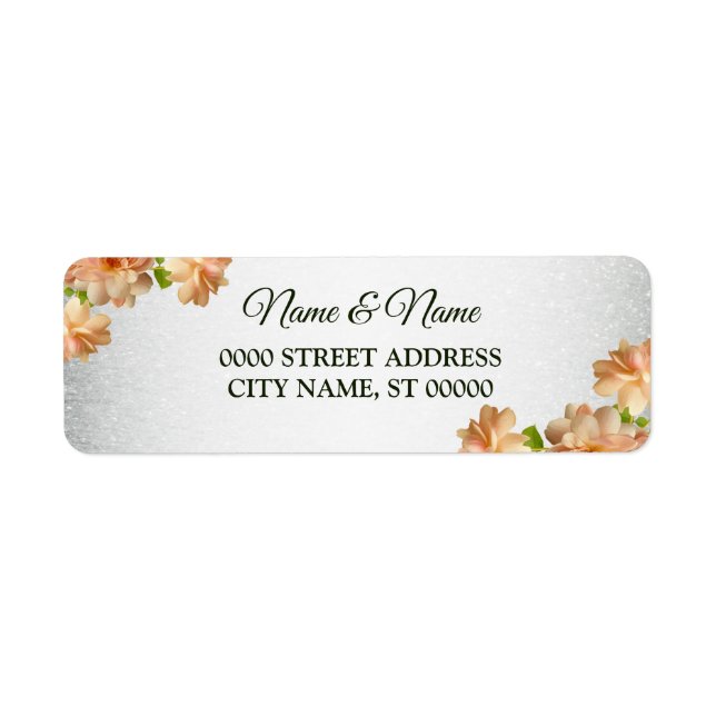 Peach Floral Silver Glitter Wedding Return Address (Front)