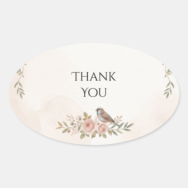 Peach Floral Songbird Wedding Thank You Sticker (Front)