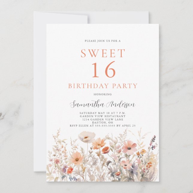 Peach Floral Sweet 16 Birthday Party  Invitation (Front)