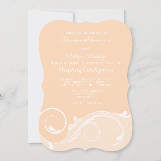 Peach Floral Swirl Bracket Wedding Invites (Front)