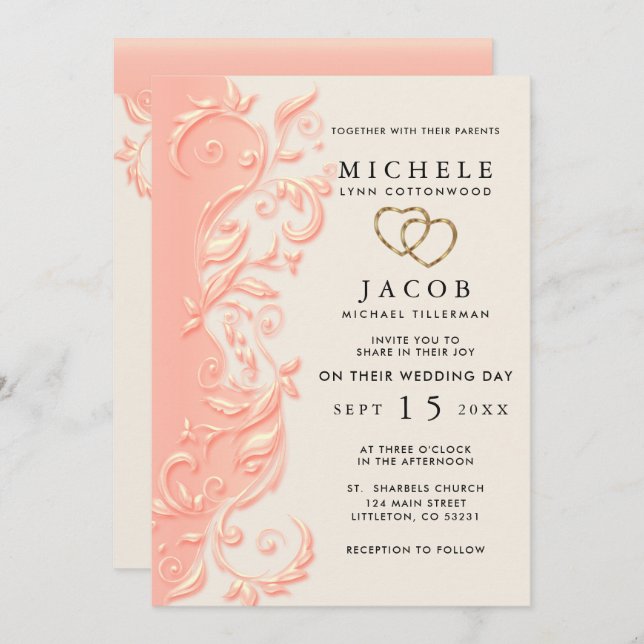 Peach Floral Swirl Wedding and RSVP Invitation (Front/Back)