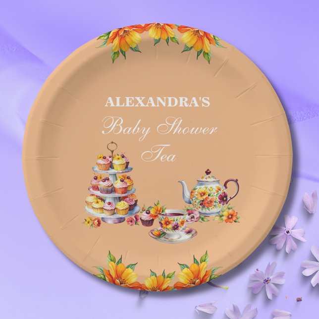 Peach Floral Tea Party Baby Shower  Paper Plate (Creator Uploaded)