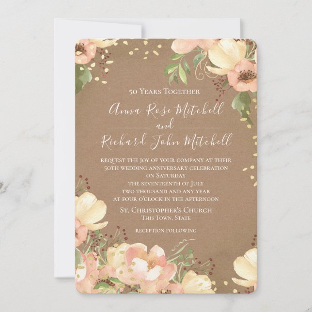Peach Floral Watercolor 50th Wedding Anniversary Invitation (Front)