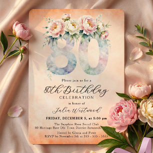 Peach Floral Watercolor 80th Birthday Party Invitation