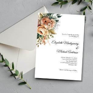 Peach Floral Watercolor Botanical Elegant Wedding Invitation