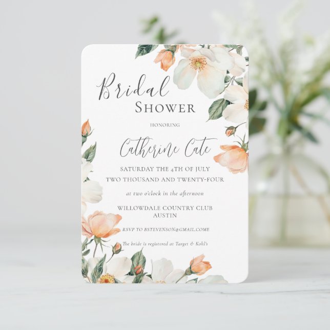 Peach Floral Watercolor Bridal Shower Invitation (Standing Front)