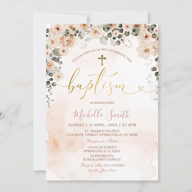 Peach Floral Watercolor Girl Cross Gold Baptism Invitation (Front)