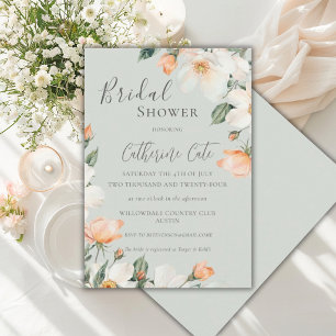 Peach Floral Watercolor Green Bridal Shower Invitation