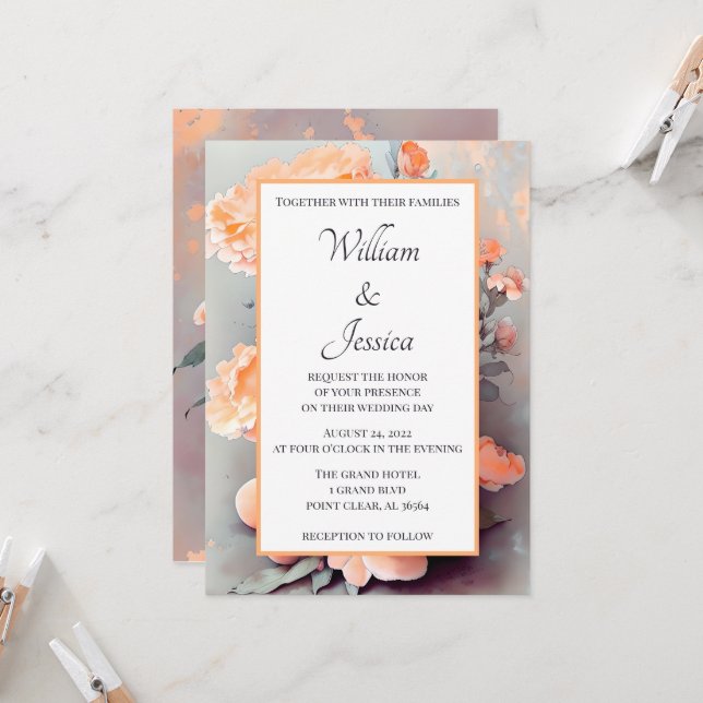 Peach Floral Watercolor Wedding Invitation (Front/Back In Situ)