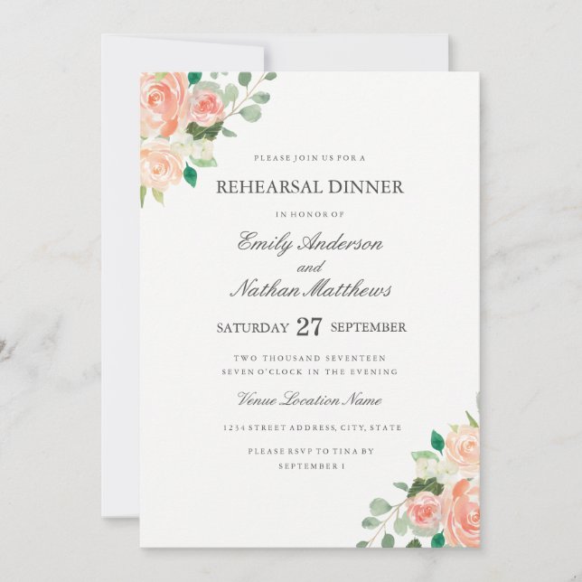 Peach Floral Watercolor Wedding Rehearsal Dinner Invitation (Front)