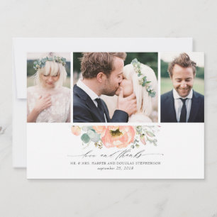Peach Floral Wedding 3 Photos Thank You Card