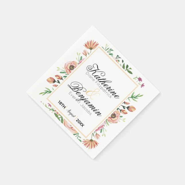 Peach Floral Wedding Napkin (Corner)