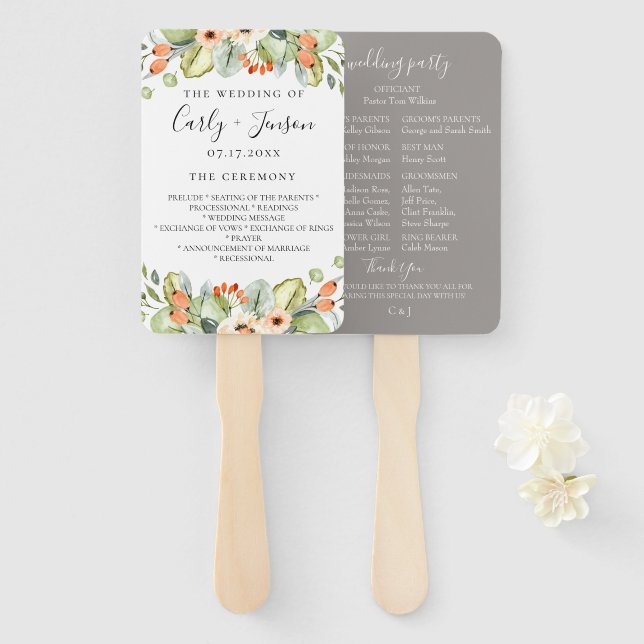 Peach Floral Wedding Program Hand Fans (Front and Back)