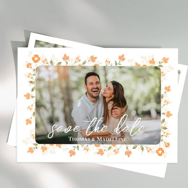 Peach Floral Wedding Save the Date Photo Invitation (Wedding save-the-date photo card with a scannable QR code. )