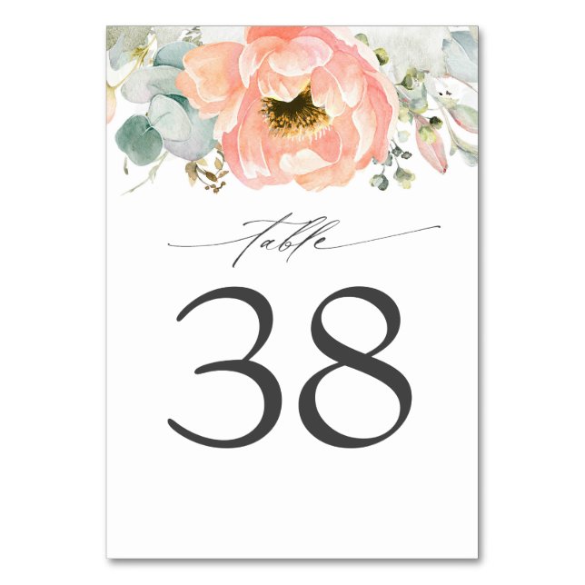Peach Floral Wedding Table Number Cards (Front)