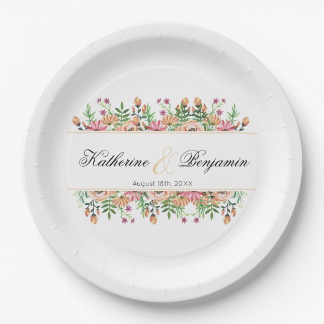 Peach Floral Wedding with name Paper Plate (Front)