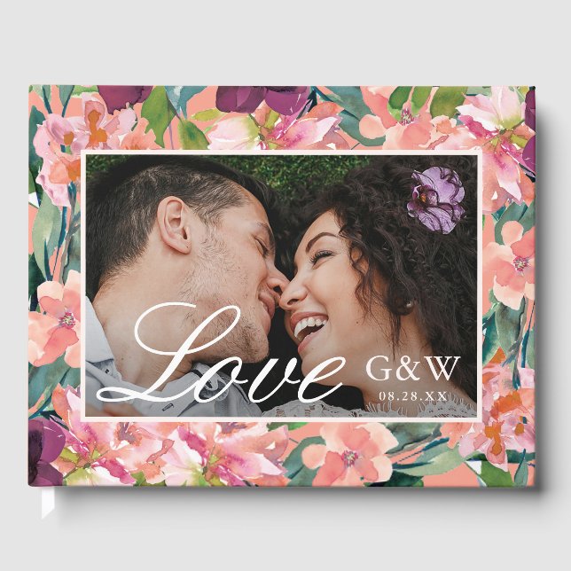 Peach Floral with Love Script Photo Wedding Guest Book (Front)