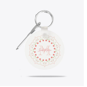 Peach Floral Wreath Monogram Personalised  Key Ring