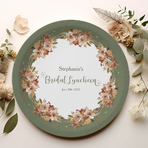 Peach Floral Wreath Sage Green Bridal Luncheon Paper Plate
