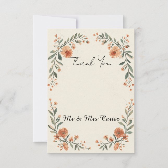 Peach Floral Wreath Wedding Thank You Card (Front)