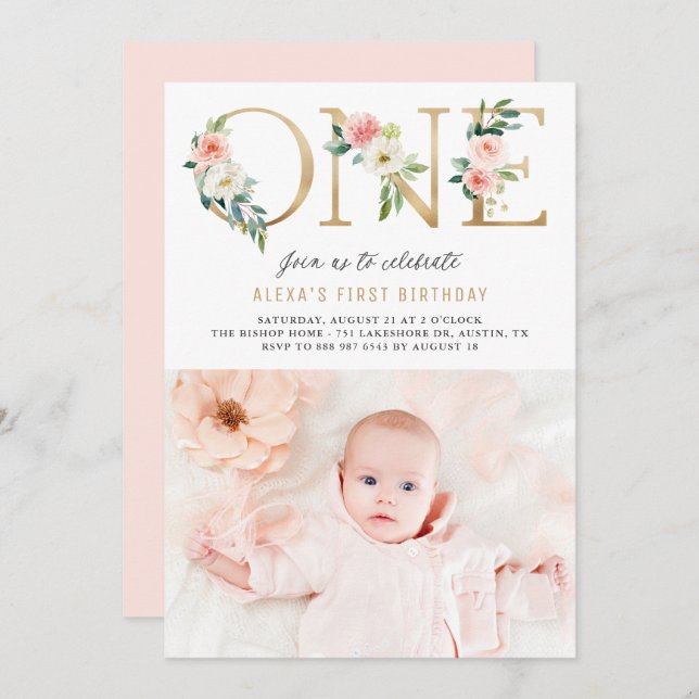 Peach Florals Faux Gold Foil First Birthday Photo Invitation (Front/Back)