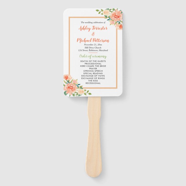 Peach Florals | Wedding Program Hand Fan (Front)