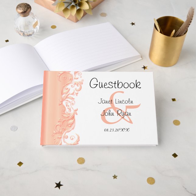 Peach Florid Ornate Satin Guestbook (Front Open)