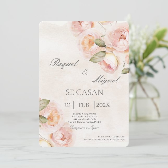Peach flower beige Spanish Wedding Invitation (Standing Front)