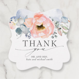 Peach Flower Dusty Blue Wedding Thank You Favour Tags