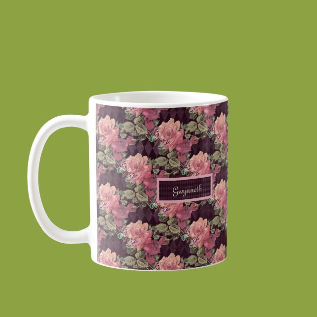 Peach Flowers and Butterfly on Purple Harlequin Coffee Mug (Creator Uploaded)