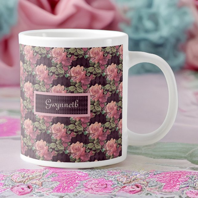 Peach Flowers and Butterfly on Purple Harlequin Large Coffee Mug (Creator Uploaded)