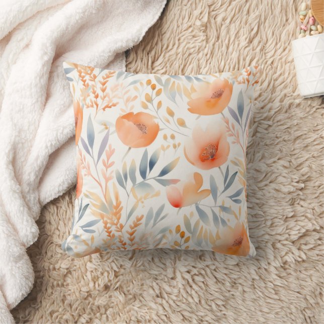 Peach Flowers and Dusty Blue Contemporary Cushion (Blanket)