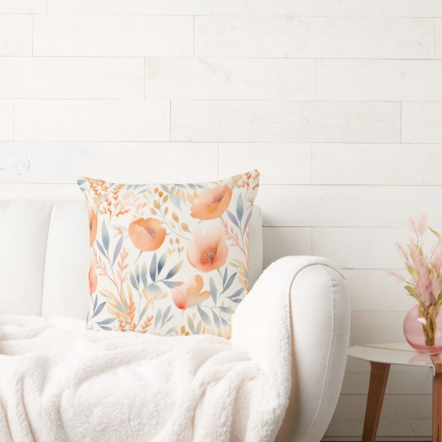 Peach Flowers and Dusty Blue Contemporary Cushion (Couch)