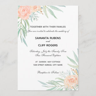 Peach flowers and eucalyptus wedding invitatation invitation
