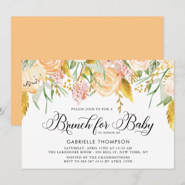 Peach Flowers and Gold Leaves Baby Shower Brunch Invitation (Front/Back)