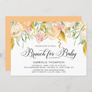 Peach Flowers and Gold Leaves Baby Shower Brunch Invitation