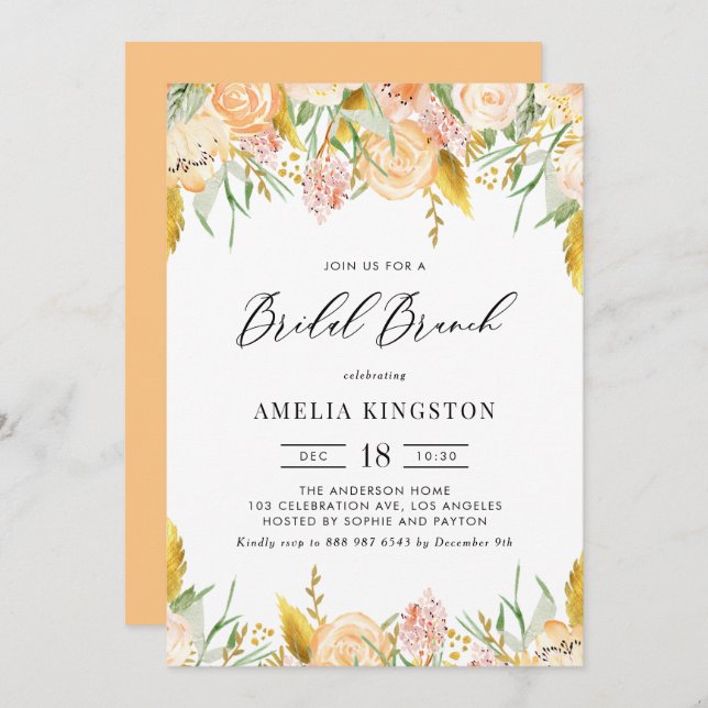 Peach Flowers and Gold Leaves Bridal Brunch Invitation (Front/Back)