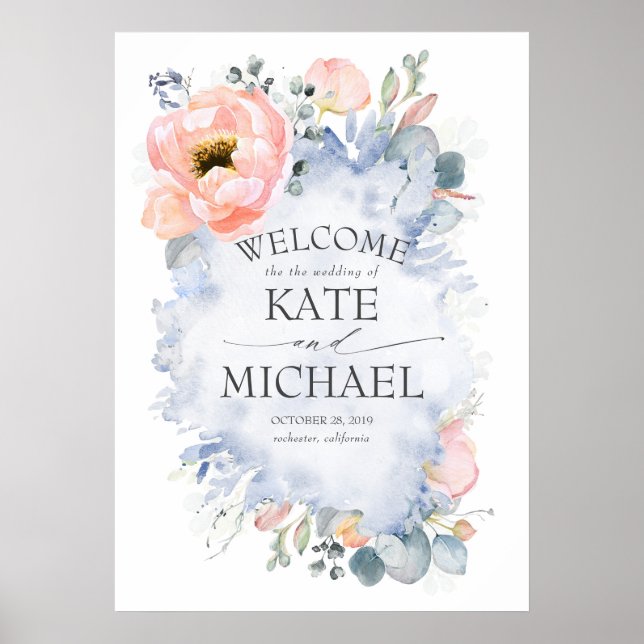 Peach Flowers and Greenery Dusty Blue Welcome Poster (Front)