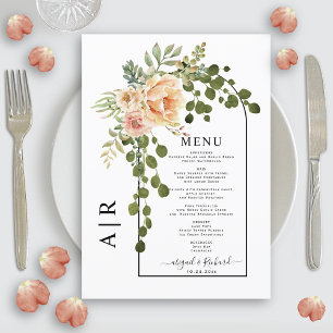 Peach flowers, arch and monogram fall wedding menu