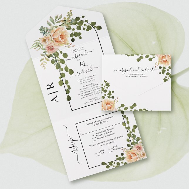 Peach flowers, arch and monogram spring wedding all in one invitation (Creator Uploaded)