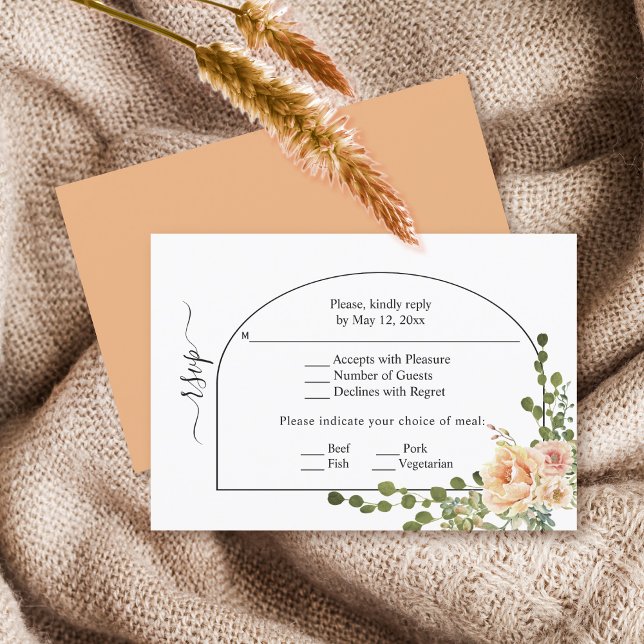 Peach flowers, arch and monogram spring wedding  RSVP card (Creator Uploaded)