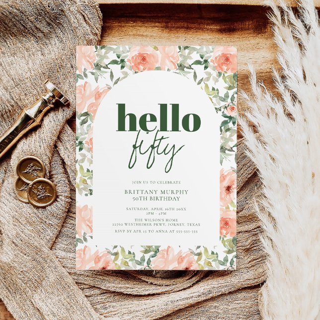 Peach Flowers Arch Trendy Modern 50th Birthday Invitation (Creator Uploaded)